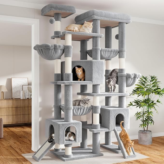 Sha Cerlin 87 in Multi-Level Tall Cat Tree Tower for Large Cats/Extra Wide Feline Activity Center/Sisal Scratching Posts/Wide Base/Cozy Plush Perches/Baskets/Hammocks/Toy Balls/Grey