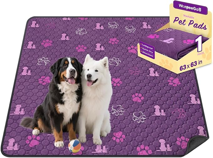 WanpeeGoo Washable Pee Pads for Dogs, Waterproof, 63 x 63 in, 1 Pack, Purp | Super Absorbent, Waterproof and Non-Slip; Washable, Reusable Dog Pads for Crates, Playpens, Floors, Furniture and Travel