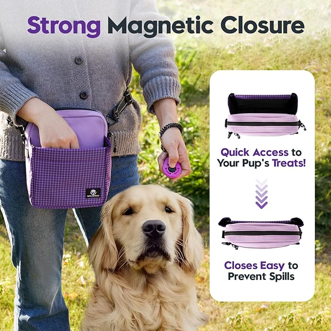 Dog Treat Pouch for Training, Magnetic Dog Walking Bag and Fanny Pack | Large treat pocket with poop bag dispenser, clicker and bowl; hands-free for dog training, walks, park trips and travel