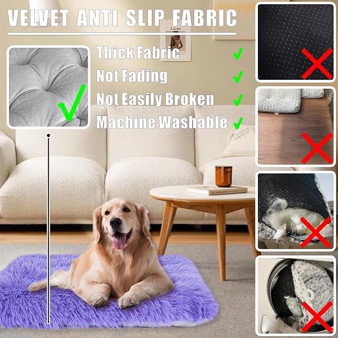Machine Washable Dog Bed, Deluxe Plush Dog Crate Pad and Cat Bed, Anti-Slip Bottom Kennel Pad Mat, Fuzzy Pet Beds for Large, Medium, Small Dogs Breeds (Violet, 24.0" L x 18.0" W x 3.0" Th x 2 Pack)