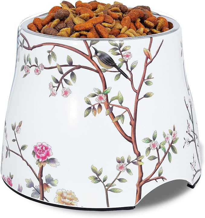 Ceramic Dog Bowl 7 inch Height for (30-55lbs) Medium Size Dogs Includes Food-Grade 304 Stainless Steel Bowls Non-Slip 3.8 Cups(860ml) Bowl Feeder in an Artful and Design (White)