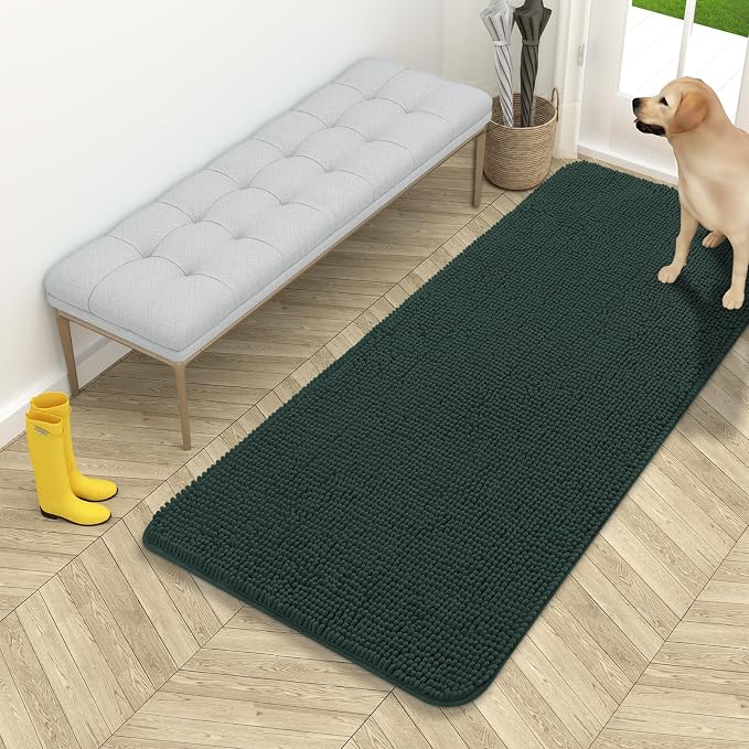 OLANLY Dog Door Mat for Muddy Paws 54x24, Super Absorbent Chenille Mud Mat | Blackish Green, Absorbs Moisture and Dirt, Non-Slip Machine Washable Doormat, Quick-Dry Indoor Entryway Floor Carpet for Dogs