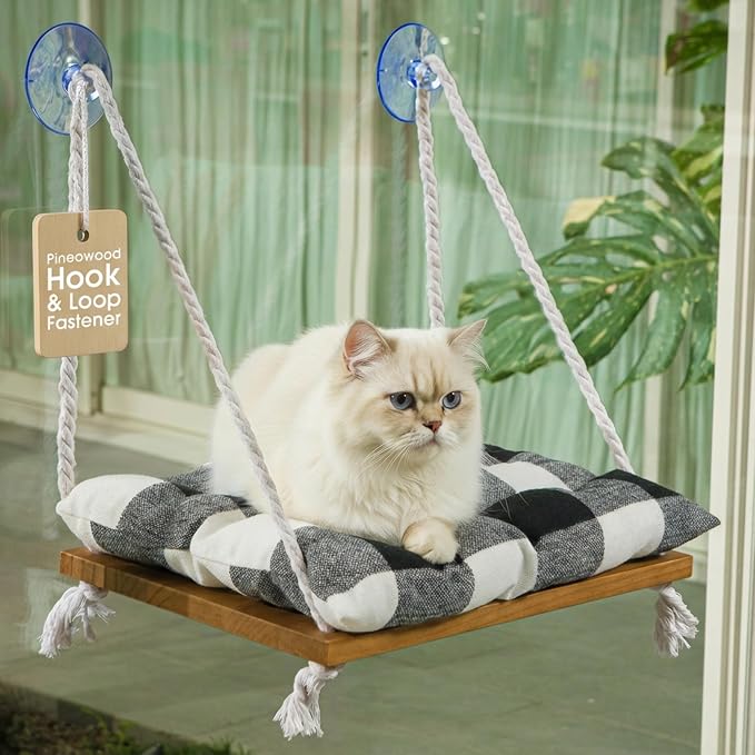 Cat Window Perch, Indoor Hammock Bed with Solid Pine Wood, 4 Industrial-Grade Suction Cups, Window Hammock with Soft Cushion for Cats, Space Saving Design