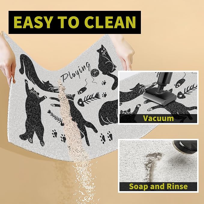 Cute Cat Litter Mat,24x16 Inch - Easy Clean, Anti Slip Trapping Mat for Box & Kitty Litter, Cute Small Rug, Indoor Cat Accessories,White
