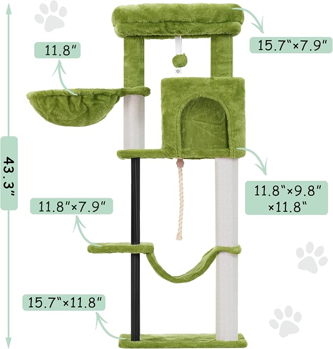 Cat Tree, 43.3'' Cat Tower with Hammock for Kittens GCT004SGR | Cat Condo House for Small Indoor Cats, Basket, Scratching Post, Large Platform, Sturdy Steel Tube, Sisal Rope, Green