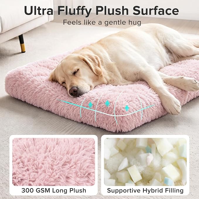 JOEJOY Large Dog Bed Crate Pad, Deluxe Plush Washable Dog Beds Fulffy Soft Kennel Pad Anti-Slip Pet Sleeping Mat for Extra Large Medium Small Dogs, 47" x 29", Pink