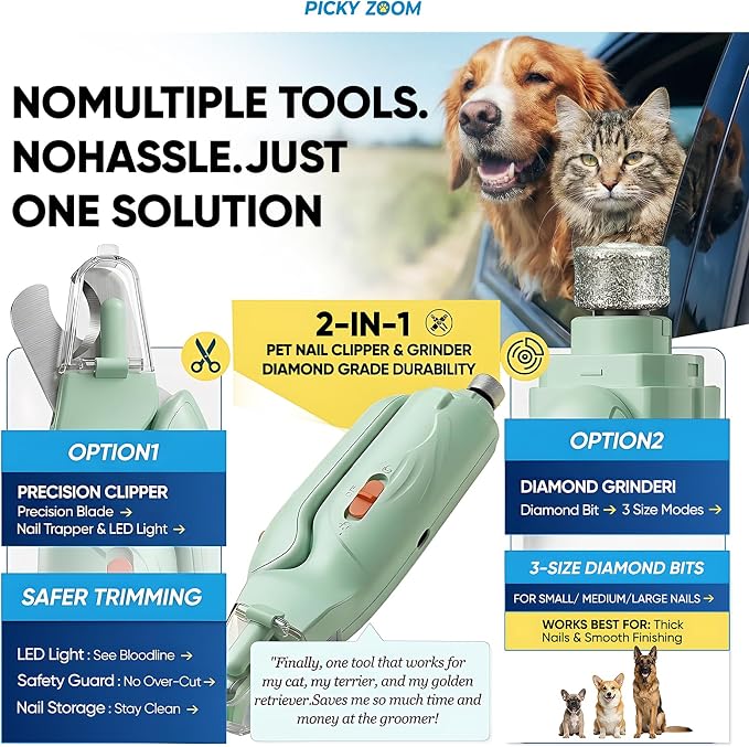2-in-1 Dog & Cat Nail Clippers and Grinder with LED Light | Sharp Blade, Low-Noise Grinder, Safety Guard & USB Rechargeable Cordless Design for Small, Medium and Large Pets