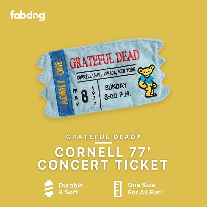 fabdog Grateful Dead Admission Ticket Dog Plush Toy – Durable Music-Themed Toys for Dogs with Squeaker – Decorative Pet Toys for Grateful Dead Fans – Spot-Clean Chew Toys for Puppies
