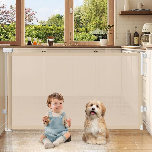 Retractable Baby Gates for Doorways, 58" Extra Wide Mesh Child Dog Gate for Stairs, 34" Tall Toddler Pet Gate Indoor and Outdoor, Easy Install, Home Necessity, Beige