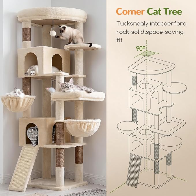Globlazer Maine Coon Corner Cat Tree for Indoor Cats 74in, C74, Beige | Tall Heavy Duty Cat Tower for Large Multiple, 2 Big Platforms, 2 Extra Large Cat Condos, 2 Baskets, Sisal Scratching Board