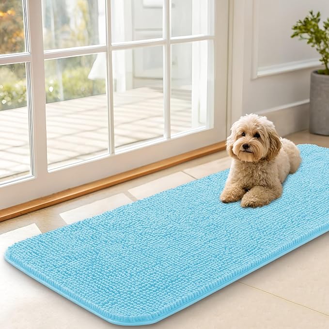 OLANLY Dog Door Mat for Muddy Paws 47x17, Super Absorbent Chenille Mud Mat | Blue, Absorbs Moisture and Dirt, Non-Slip Machine Washable Doormat, Quick-Drying Indoor Entryway Floor Carpet for Dogs