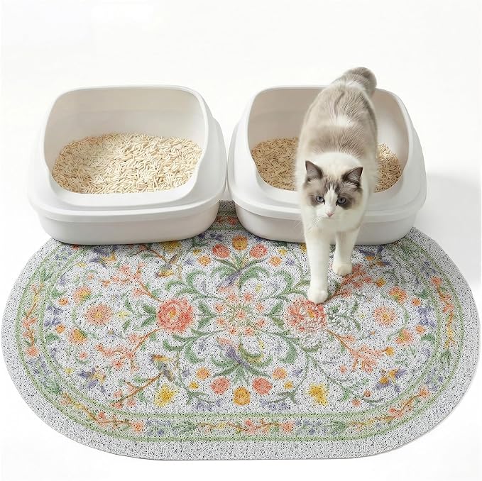Bienbee Cat Litter Mat, 33" x 22" Large Size Litter Box Mat Rug with Non-Slip Bottom,Urine and Water Proof, Easy to Clean Cat Supplies Essentials for Indoor Kitty Kitten Floor,Pastel Floral L