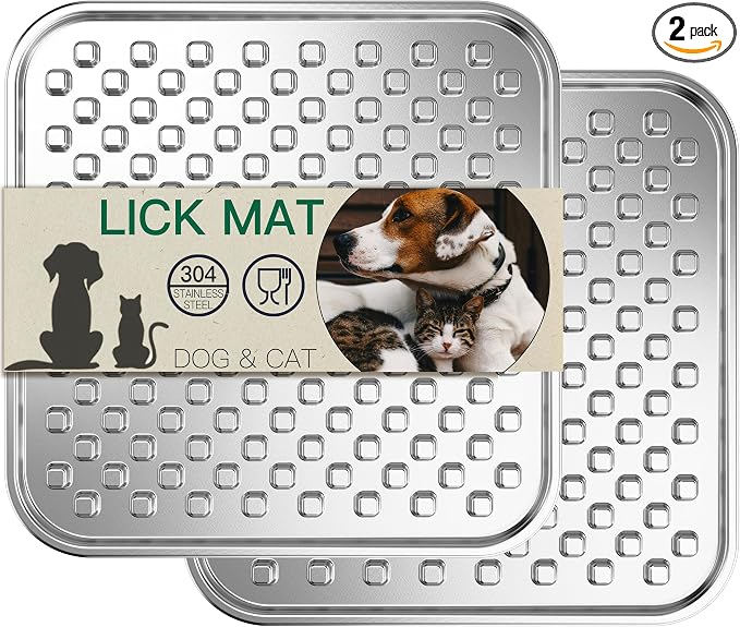 2Pack Dual Wall Stainless Steel Large Lick Mat for Dogs & Cats, Chew-Proof Slow Feeder, Anxiety Reducer, Whisker-Friendly for Cats, Non-Slip Heavy Duty Base, Raw Feeding Pad, Dishwasher Safe
