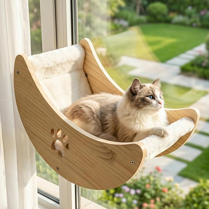 Cat Window Perch White Cushion 14.17" L x 12.01" W x 11.42" H | Sturdy Moon Shaped Sunbathing Bed, Solid Wood, Detachable Soft Cushion, 4 Suction Cups, for Indoor Cats