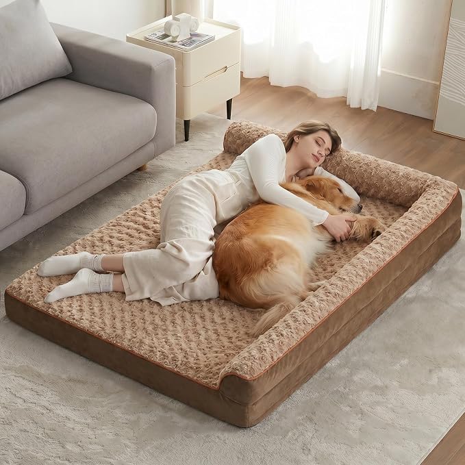 BFPETHOME Orthopedic Washable Dog Bed, Sleeping Couch for Large Senior Dogs | Deluxe Plush Rose Velvet Washable Cover, Egg Crate Foam Support, Waterproof Lining, Non-Slip Bottom, Senior Dogs