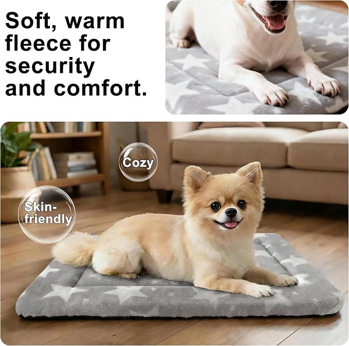 Dog Bed Mat – Soft & Comfortable Dog Kennel Pad for Crate – Durable Crate Bed & Mat for Dogs & Cats – Ideal for Crate, Kennel, and Home Use (Big&Little Stars Grey, S(24"*18"*1.5"))