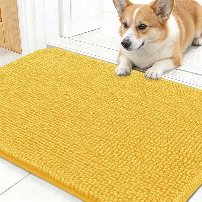 OLANLY Dog Door Mat for Muddy Paws 30x17, Super Absorbent Chenille Mud Mat | Yellow, Absorbs Moisture and Dirt, Non-Slip Machine Washable Doormat, Quick-Drying Indoor Entryway Floor Carpet for Dogs