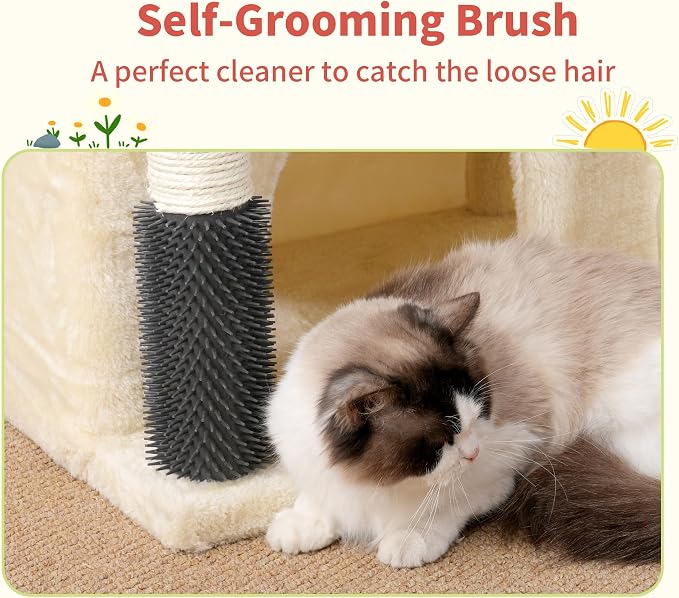 Hey-brother Cat Tree Tower with Extra Large Platform, Big Condo, MPJ070M | 51.1 Inches Scratching Posts with 2 Cozy Hammocks, Self-Grooming Brush for Indoor Adult Cats, Maine Coon, Beige