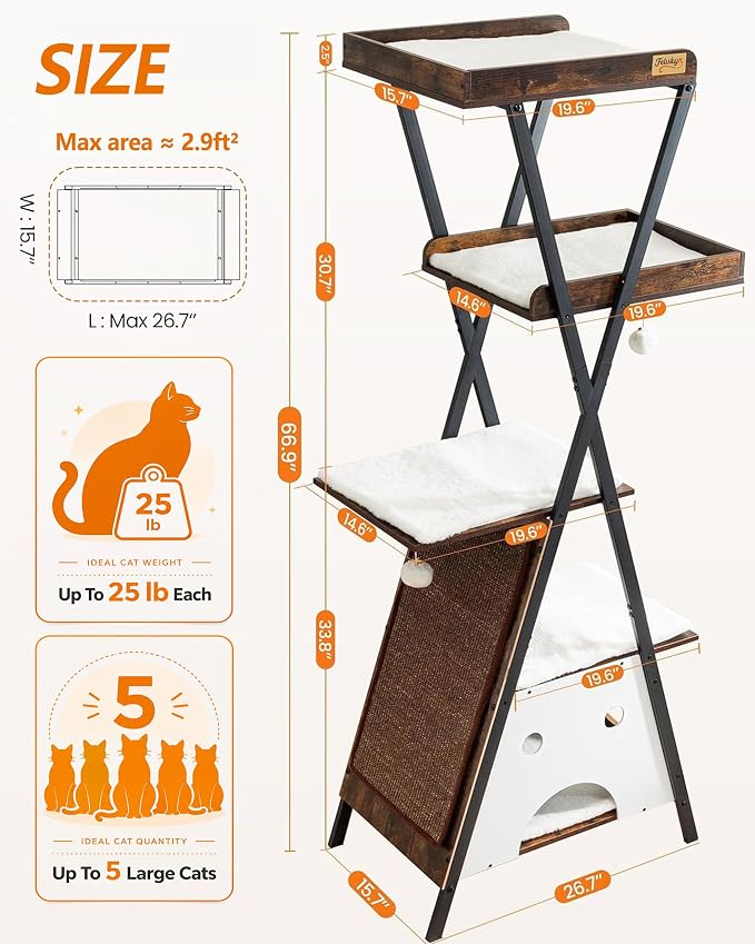 Modern Wood Cat Tree Tower for Indoor Cats Large Adult 67-in Tall | Heavy Duty XL Stable Wooden Cat Condo House Furniture with Multi-Level Spacious Perch Scratching Board Soft Washable Pads