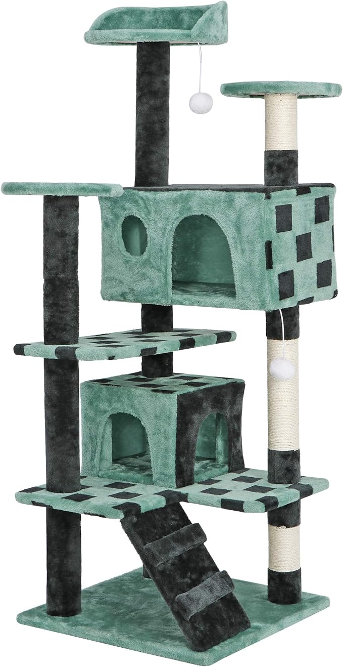 ZENY 53‘‘ Cat Tree with Sisal-Covered Scratching Posts and 2 Plush Rooms Cat Furniture for Kittens (Green + Black)