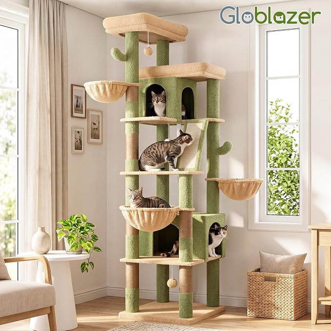 Globlazer 80in Extra Large Cactus Corner Cat Tree Tower S80G, Green | Tall Cat Condo For Multiple Indoor Cats Large Adult Kittens, Scratching Posts & Board, Widened Perches, Adjustable Baskets