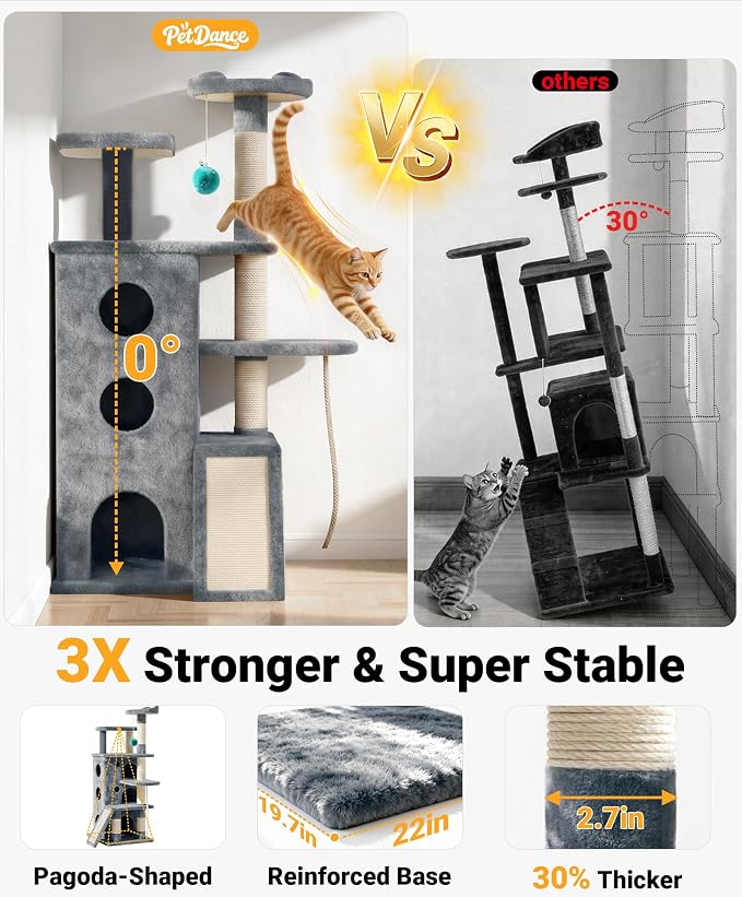 Eco-Wood Cat Tree Tower,【Top Heavy Duty】 Cat Tower for All Indoor Cats | 54” Super Sturdy Cat Tower Bed with 6 Scratching Posts, Scratch rope, Scratcher, 3 Enlarged Cat Condos, Jumping Perches
