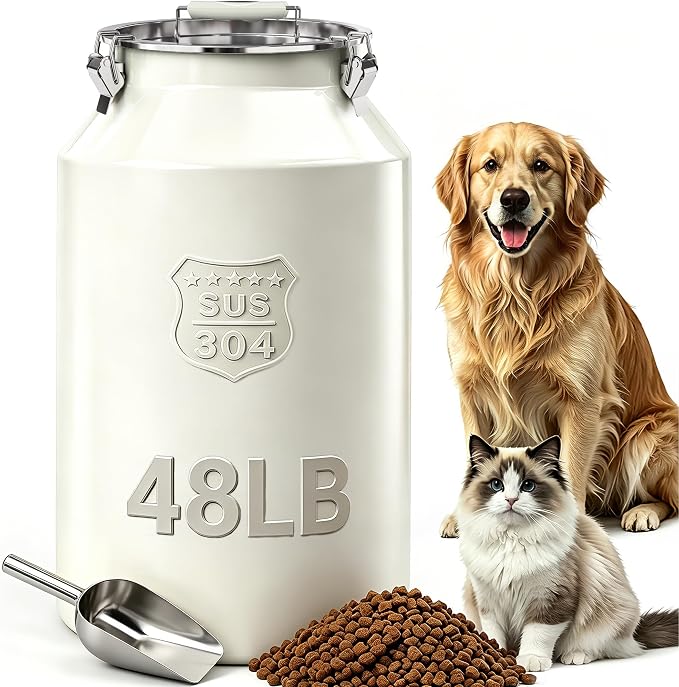 Large 304 Metal Dog Food Storage Container 48LB /45 Qt, Stainless Steel Airtight Pet Food Containers with Lid & Scoop, Pet Food Bin for Dogs, Cats and Dry Food Storage Keep Fresh