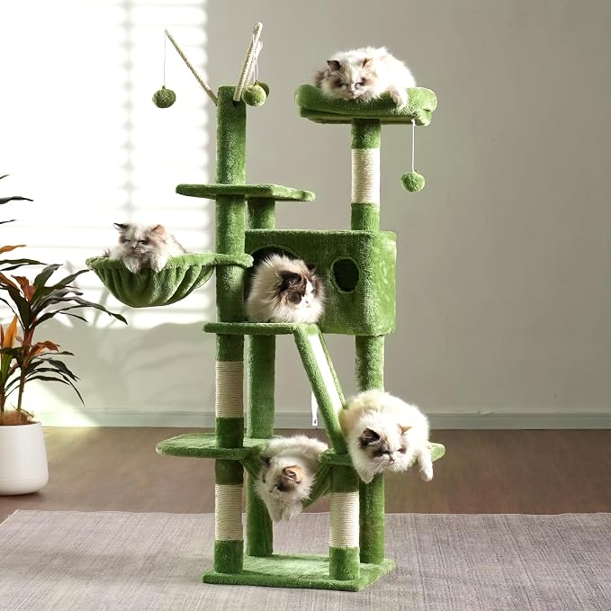 Hey-brother Cat Tree Tower with Padded Platform Bed, Hammock, MPJ019-SGR | 53 Inches Cat House with Large Cozy Condo, Toy Balls and Sisal Scratching Posts for Indoor Multi-Cats, Green