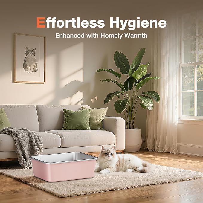 Qiuma Stainless Steel Litter Box, Large Metal Cat Litter Box with High Sided for Big and Small Cats, Non-Stick, Easy to Clean, Odor-Free, 17.5" L×13.6" W×5.9" H, Blush Pink