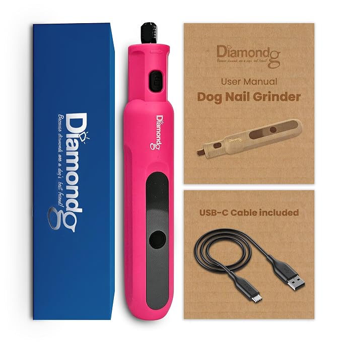 Diamondg Micro Dog Nail Grinder - Quiet Sound with LED Light, Pink | 5-Speed Rechargeable Pet Nail Trimmer for Small & Large Dogs, LCD Display, USB-C Charging, 4hrs. Runtime Rotary Tool