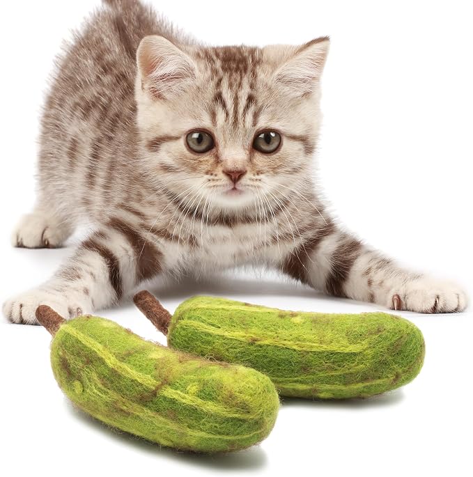 Glaciart One Cat Toy Pickle – 2 Pcs | Soft Fuzzy Enrichment 100% Natural Wool - Interactive Catnip Play Cat Toy Set - Safe for Pets, Non-AZO Colored Dyes