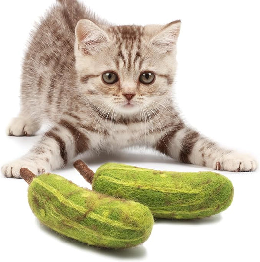 Glaciart One Cat Toy Pickle – 2 Pcs | Soft Fuzzy Enrichment 100% Natural Wool - Interactive Catnip Play Cat Toy Set - Safe for Pets, Non-AZO Colored Dyes
