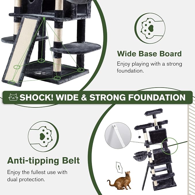 68 Inches Multi-Level Large Cat Tree for Large Kitties/Big Cat Tower with Condo/Cozy Plush Perches/Sisal Scratching Posts and Hammocks/ ‌Feline Activity Center Play House/Smoky Grey