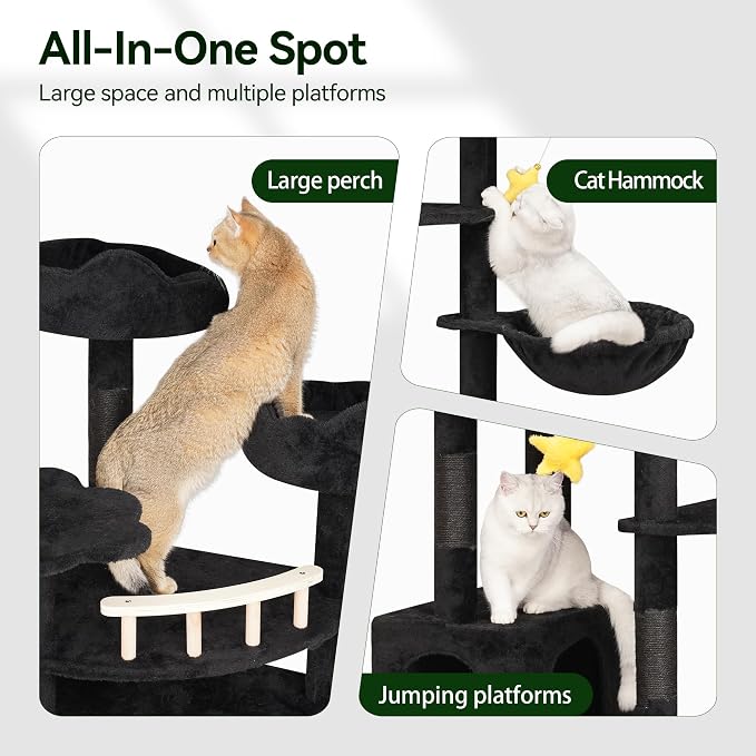 Meecal Black Cat Tree,79in Tall Tower for Multiple Indoor Cats Large Adult | Giant Cat Tree, Multi-Level Heavy Duty Cat Tower with Scratching Post, 2 Cat Condos, Hammocks, Perches, Hanging Toys