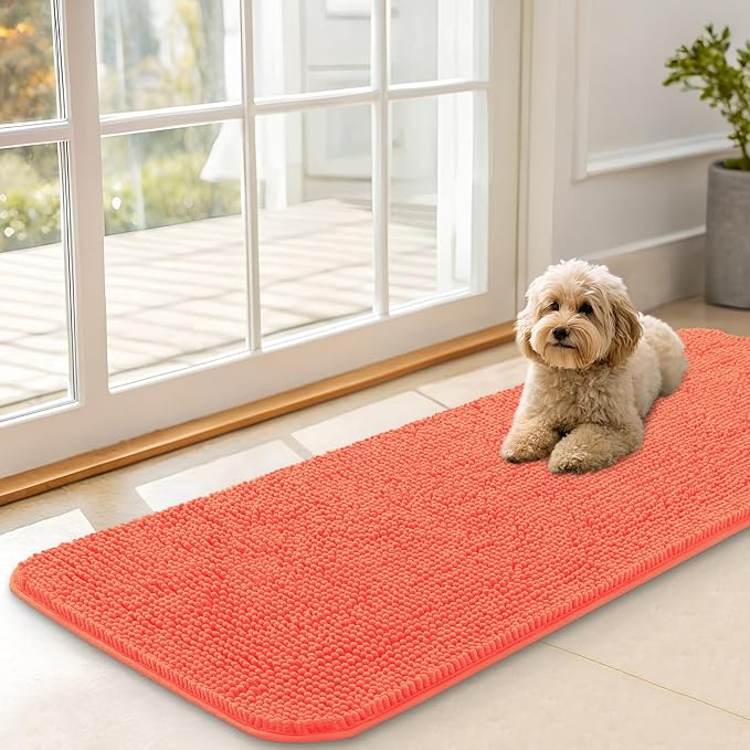 OLANLY Dog Door Mat for Muddy Paws 47x17, Super Absorbent Chenille Mud Mat | Coral, Absorbs Moisture and Dirt, Non-Slip Machine Washable Doormat, Quick-Drying Indoor Entryway Floor Carpet for Dogs