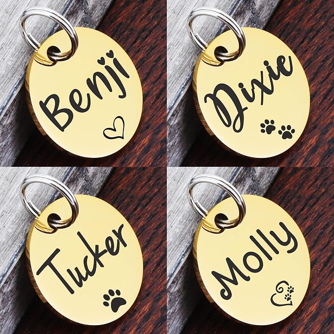 Ultra Joys Personalized Dog Tags for Pets - Durable Stainless Steel Customizable Dog Cat ID Tags - Dog Tags for Safety Optional Engraved on Both Sides -Round Shape Dog Tag Large Size, Gold