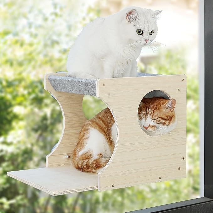 Cat Window Perch，2-Tier Hammock & Hideaway House with Strong Suction Cups | Left-opening, Drill-Free, Hold Up to 45 lb Support, For Small to Medium Cats, Let Cats Lounge, Climb and Watch Outside