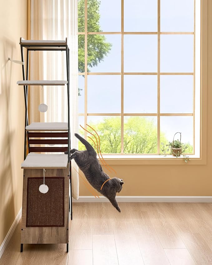 72.4" Cat Tree, Modern Cat Tower for Indoor Cats, Multi-Level Cat Condo with Caves, Tall Cat Tree with Cat Scratching Board, Wooden Cat Tower with Large Perch, Removable Pads, Camel Brown