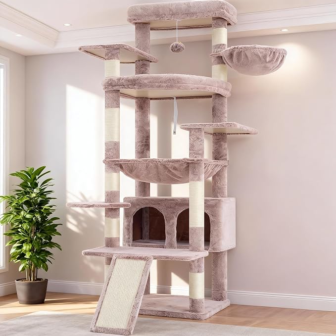 Heybly Tall Cat Tree for Large Cat, 80-inch Multi-Level Cat Tower HCT038MU | Condo Furniture for Indoor Cats with Large Baseboard, 2 Widened Plush Perches, Scratching Board, Big Caves, Rosy Brown