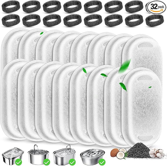 Cat Water Fountain Filters Replacement, 16 Pcs Pet Water Fountain Filter with 16 Pcs Foam Sponges for 67oz/2L & 108oz/3.2L Stainless Steel Pet Cat Water Fountain Dispenser Filters