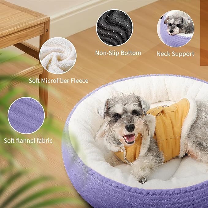 Zerbuger 23in Violet Round Cat Dog Bed Gift for Large Medium Small Dogs Cats, Machine Washable Sleeping Sofa, Non-Slip Bottom Breathable Soft Calming Pet Cuddler for Indoor/Outdoor/Car/Cage