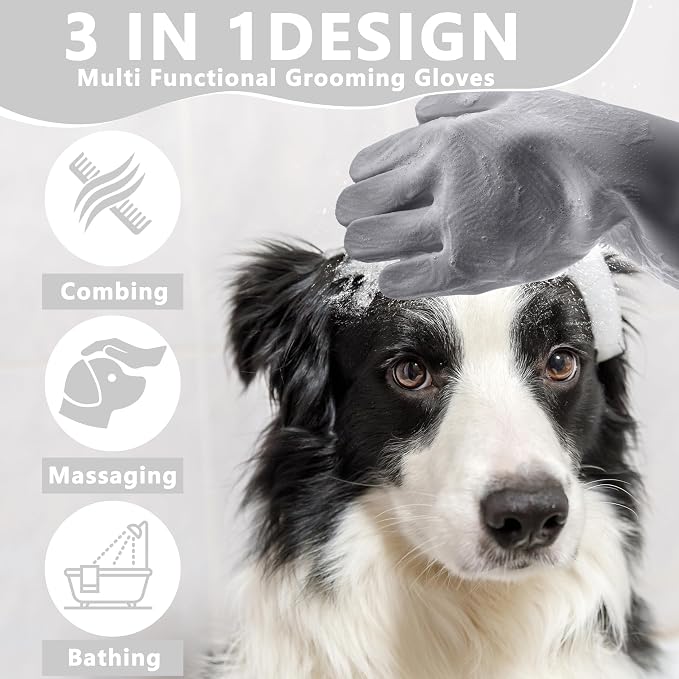 Pet Grooming Gloves—Dog Washing Gloves with High-Density Teeth | Dog Bath Scrubber with Enhanced Five Finger Design, Silicone Gloves for Dogs and Cats Bathing, Massage (Gray)