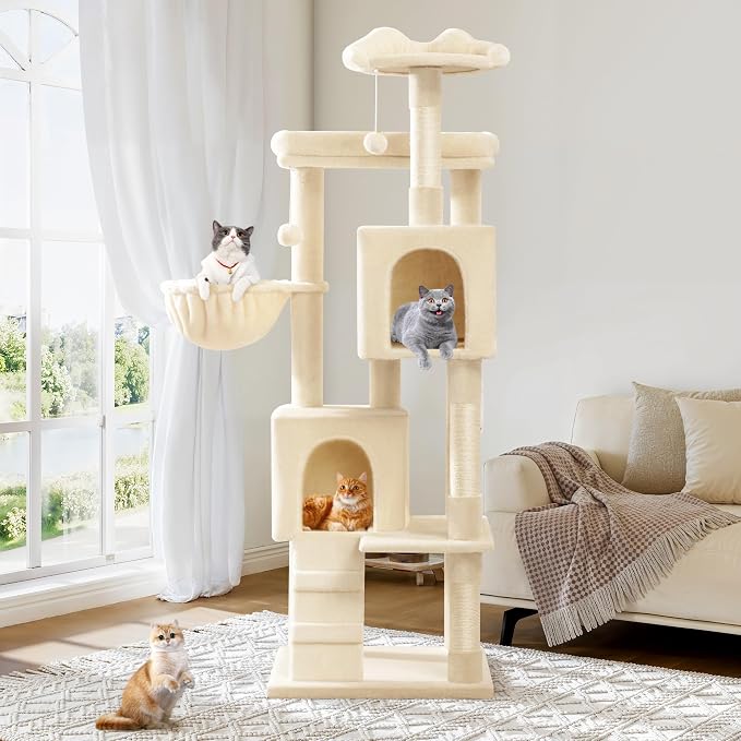 Allewie 64 Inches Multi-Level Cat Tree Tower for Indoor Cats, Beige | Activity Center for Big Felines, 2 Plush Condos, 2 Perches, Cozy Basket, House, Sisal Scratching Posts, Hanging Cat Toys