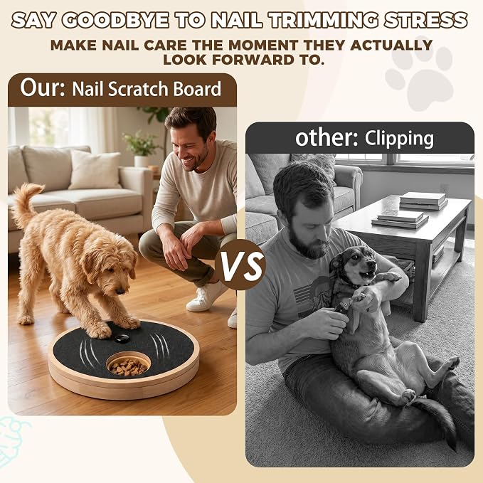 Dog Nail Scratch Board with Treat Box, Stress-Free Nail File Toy | Stress-Free Grooming, Replaceable Sandpaper, Treat Dispensing, Heavy-Duty, Anti-Slip, Pine Wood, All Dogs