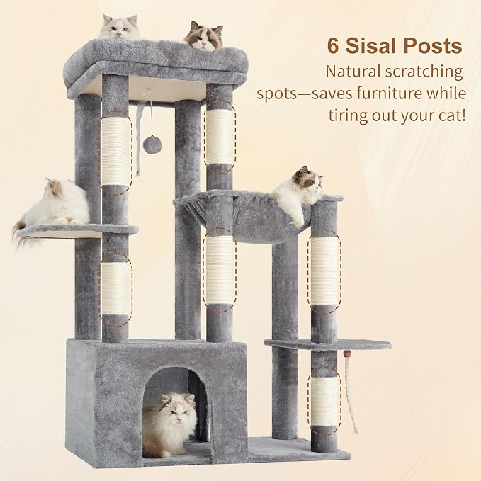 Heybly Heavy Duty Cat Tree with Large Base for Large Indoor Cats HCT026W | Cat Tower with Scratching Posts, Tall Cat Condo House , Multi-Level Plush Furniture with Hammock & Toy Balls, Light Gray