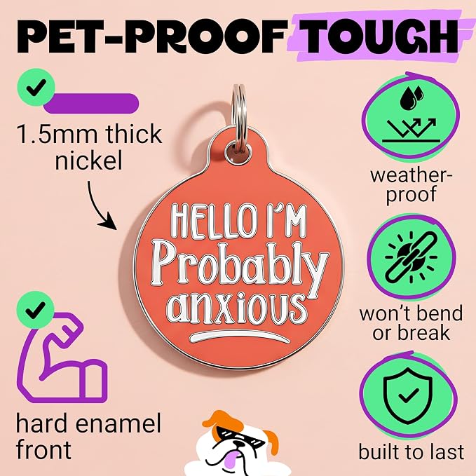 Bad Tags Personalized Dog and Cat ID Tags in 25+ Designs and 2 Sizes - 5 Lines of Custom Engraved Text - Funny Cute Personalized Pet Tags (Hello I'm Probably Anxious - Coral, Large (1.25 inch))