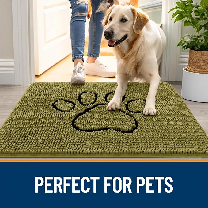 OLANLY Dog Door Mat for Muddy Paws 48x30, Paw Print Design Chenille Mud Mat | Willow Green, Absorbent, Traps Moisture and Dirt, Non-Slip Washable Doormat, Quick-Dry Indoor Entryway Floor Carpet for Dogs