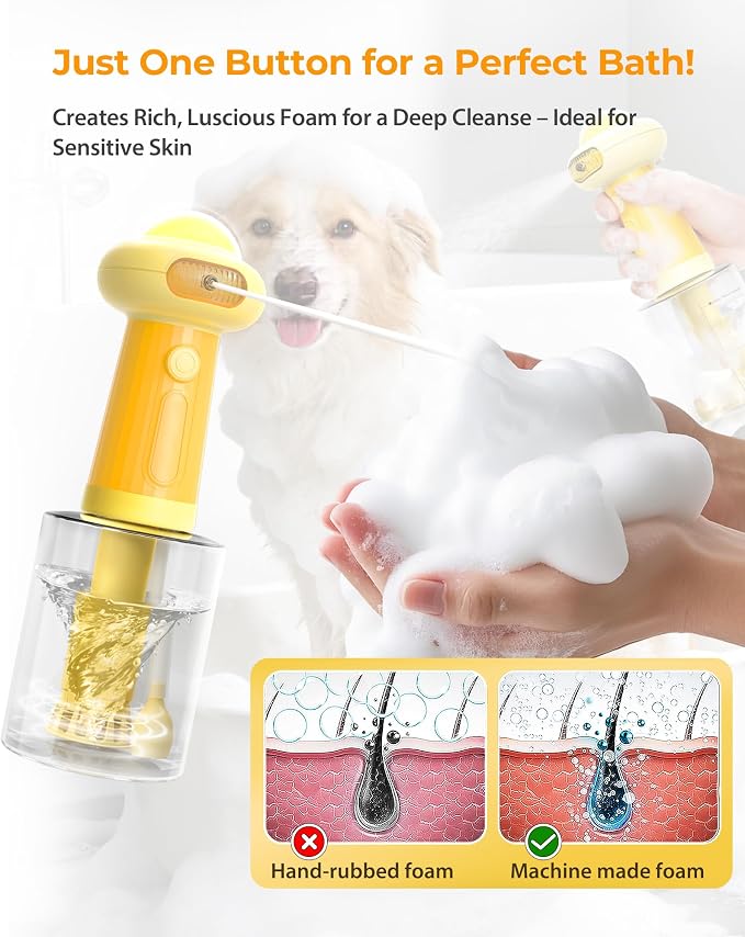 Electric Dog Shampoo Dispenser with Auto Mixing, Magnetic Charging Dog Shampoo Foamer, 500ml Pet Shampoo Sprayer with LED Indicator & Silicone Grip, IPX7 Waterproof Dog Soap Dispenser