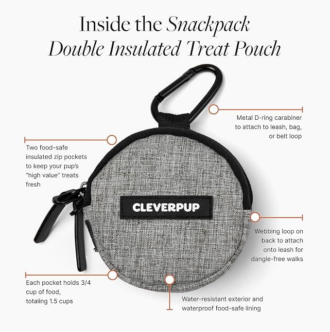 Snackpack Double Insulated Dog Treat Pouch – 1.5 Cup Capacity, 2 BPA-Free Waterproof Zipper Pockets, Carabiner for Belt/Leash – Compact Training & Travel Bag – Heather Grey