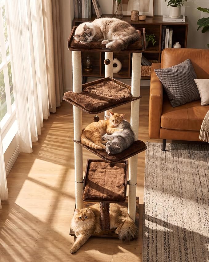 Heavy Duty Cat Tree, 67.7" Cat Tree for Indoor Cats Large Adult, Modern Cat Tower for Large Cats, Cat Tower with Scratching Post, Large Perch and Removable Pads, Rustic Brown